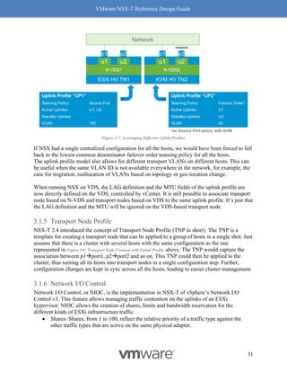 VMware NSX-T Reference Design Guide
31
Figure 3-7: Leveraging Different Uplink Profiles
If NSX had a single centralized configuration for all the hosts, we would have been forced to fall
back to the lowest common denominator failover order teaming policy for all the hosts.
The uplink profile model also allows for different transport VLANs on different hosts. This can
be useful when the same VLAN ID is not available everywhere in the network, for example, the
case for migration, reallocation of VLANs based on topology or geo-location change.
When running NSX on VDS, the LAG definition and the MTU fields of the uplink profile are
now directly defined on the VDS, controlled by vCenter. It is still possible to associate transport
node based on N-VDS and transport nodes based on VDS to the same uplink profile. It’s just that
the LAG definition and the MTU will be ignored on the VDS-based transport node.
Transport Node Profile
NSX-T 2.4 introduced the concept of Transport Node Profile (TNP in short). The TNP is a
template for creating a transport node that can be applied to a group of hosts in a single shot. Just
assume that there is a cluster with several hosts with the same configuration as the one
represented in Figure 3-6: Transport Node Creation with Uplink Profile above. The TNP would capture the
association between p1→port1, p2→port2 and so on. This TNP could then be applied to the
cluster, thus turning all its hosts into transport nodes in a single configuration step. Further,
configuration changes are kept in sync across all the hosts, leading to easier cluster management.
Network I/O Control
Network I/O Control, or NIOC, is the implementation in NSX-T of vSphere’s Network I/O
Control v3. This feature allows managing traffic contention on the uplinks of an ESXi
hypervisor. NIOC allows the creation of shares, limits and bandwidth reservation for the
different kinds of ESXi infrastructure traffic.
• Shares: Shares, from 1 to 100, reflect the relative priority of a traffic type against the
other traffic types that are active on the same physical adapter.
 