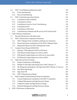 VMware NSX-T Reference Design Guide
4
NSX-T Load Balancing deployment modes 150
In-line load balancing 150
One-arm load balancing 151
NSX-T load-balancing technical details 154
Load-balancer high-availability 154
Load-balancer monitor 155
Load-balancer Layer4 or Layer7 load balancing 156
Load-balancer IPv6 158
Load-balancer traffic flows 158
Load-balancing combined with SR services (NAT and Firewall) 161
7 NSX-T Design Considerations 163
Physical Infrastructure of the Data Center 163
NSX-T Infrastructure Component Connectivity 166
NSX-T Manager Node Availability and Hypervisor interaction 167
Physical placement considerations for the NSX-T Manager Nodes 168
Deployment Options for NSX-T Management Cluster 171
Compute Cluster Design (ESXi/KVM) 177
Running a VDS prepared for NSX on ESXi hosts 178
ESXi-Based Compute Hypervisor with two pNICs 181
ESXi-Based Compute Hypervisor with Four (or more) pNICs 186
KVM-Based Compute Hypervisor with two pNICs 190
Edge Node and Services Design 192
Design Considerations with Bridging 192
Multiple N-VDS Edge Node Design before NSX-T Release 2.5 197
The Design Recommendation with Edge Node NSX-T Release 2.5 Onward 197
Bare Metal Edge Design 199
Edge Node VM 203
NSX-T Edge Resources Design 209
Multi-Compute Workload Domain Design Consideration 220
Common Deployment Consideration with NSX-T Components 222
Collapsed Management and Edge Resources Design 222
Collapsed Compute and Edge Resources Design 229
Dedicated Management and Edge Resources Design 231
8 NSX-T Performance & Optimization 235
 
