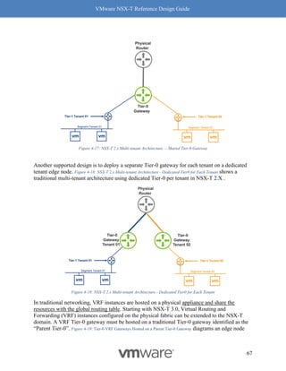 VMware NSX-T Reference Design Guide
67
Figure 4-17: NSX-T 2.x Multi-tenant Architecture. – Shared Tier-0 Gateway
Another supported design is to deploy a separate Tier-0 gateway for each tenant on a dedicated
tenant edge node. Figure 4-18: NSX-T 2.x Multi-tenant Architecture - Dedicated Tier0 for Each Tenant shows a
traditional multi-tenant architecture using dedicated Tier-0 per tenant in NSX-T 2.X .
Figure 4-18: NSX-T 2.x Multi-tenant Architecture - Dedicated Tier0 for Each Tenant
In traditional networking, VRF instances are hosted on a physical appliance and share the
resources with the global routing table. Starting with NSX-T 3.0, Virtual Routing and
Forwarding (VRF) instances configured on the physical fabric can be extended to the NSX-T
domain. A VRF Tier-0 gateway must be hosted on a traditional Tier-0 gateway identified as the
“Parent Tier-0”. Figure 4-19: Tier-0 VRF Gateways Hosted on a Parent Tier-0 Gateway diagrams an edge node
 