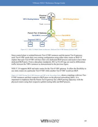 VMware NSX-T Reference Design Guide
69
Figure 4-21: NSX-T 3.0 Multi-Tenant Architecture. Dedicated Tier-0 VRF Instance for Each VRF
Since control plane is isolated between Tier-0 VRF instances and the parent Tier-0 gateway,
each Tier-0 VRF needs their own routing configuration using either static routes or BGP. It
implies that each Tier-0 VRF will have their own dedicated BGP process and needs to have their
dedicated BGP peers. From a data plane standpoint, 802.1q VLAN tags are used to differentiate
traffic between the VRFs instances as demonstrated in the previous figure.
NSX-T 3.0 supports BGP and static routes for the Tier-0 VRF gateway. It offers the flexibility to
use static routes on a particular Tier-0 VRF while another Tier-0 VRF would use BGP.
Figure 4-22: BGP Peering Tier-0 VRF Gateways and VRF on the Networking Fabric shows a topology with two Tier-
0 VRF instances and their respective BGP peers on the physical networking fabric. It is
important to emphasize that the Parent Tier-0 gateway has a BGP peering adjacency with the
physical routers using their respective global routing table and BGP process.
 