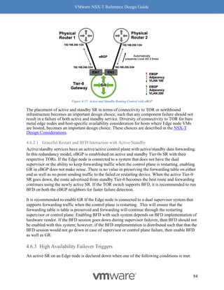 VMware NSX-T Reference Design Guide
84
Figure 4-35: Active and Standby Routing Control with eBGP
The placement of active and standby SR in terms of connectivity to TOR or northbound
infrastructure becomes an important design choice, such that any component failure should not
result in a failure of both active and standby service. Diversity of connectivity to TOR for bare
metal edge nodes and host-specific availability consideration for hosts where Edge node VMs
are hosted, becomes an important design choice. These choices are described in the NSX-T
Design Considerations.
4.6.2.1 Graceful Restart and BFD Interaction with Active/Standby
Active/standby services have an active/active control plane with active/standby data forwarding.
In this redundancy model, eBGP is established on active and standby Tier-0s SR with their
respective TORs. If the Edge node is connected to a system that does not have the dual
supervisor or the ability to keep forwarding traffic when the control plane is restarting, enabling
GR in eBGP does not make sense. There is no value in preserving the forwarding table on either
end as well as no point sending traffic to the failed or restarting device. When the active Tier-0
SR goes down, the route advertised from standby Tier-0 becomes the best route and forwarding
continues using the newly active SR. If the TOR switch supports BFD, it is recommended to run
BFD on both the eBGP neighbors for faster failure detection.
It is recommended to enable GR If the Edge node is connected to a dual supervisor system that
supports forwarding traffic when the control plane is restarting. This will ensure that the
forwarding table is table is preserved and forwarding will continue through the restarting
supervisor or control plane. Enabling BFD with such system depends on BFD implementation of
hardware vendor. If the BFD session goes down during supervisor failover, then BFD should not
be enabled with this system; however, if the BFD implementation is distributed such that that the
BFD session would not go down in case of supervisor or control plane failure, then enable BFD
as well as GR.
High Availability Failover Triggers
An active SR on an Edge node is declared down when one of the following conditions is met:
 