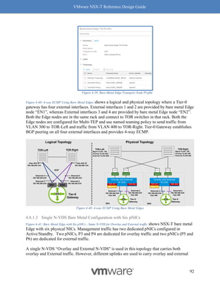 VMware NSX-T Reference Design Guide
92
Figure 4-39: Bare Metal Edge Transport Node Profile
Figure 4-40: 4-way ECMP Using Bare Metal Edges shows a logical and physical topology where a Tier-0
gateway has four external interfaces. External interfaces 1 and 2 are provided by bare metal Edge
node “EN1”, whereas External interfaces 3 and 4 are provided by bare metal Edge node “EN2”.
Both the Edge nodes are in the same rack and connect to TOR switches in that rack. Both the
Edge nodes are configured for Multi-TEP and use named teaming policy to send traffic from
VLAN 300 to TOR-Left and traffic from VLAN 400 to TOR-Right. Tier-0 Gateway establishes
BGP peering on all four external interfaces and provides 4-way ECMP.
Figure 4-40: 4-way ECMP Using Bare Metal Edges
4.8.1.3 Single N-VDS Bare Metal Configuration with Six pNICs
Figure 4-41: Bare Metal Edge with Six pNICs - Same N-VDS for Overlay and External traffic shows NSX-T bare metal
Edge with six physical NICs. Management traffic has two dedicated pNICs configured in
Active/Standby. Two pNICs, P3 and P4 are dedicated for overlay traffic and two pNICs (P5 and
P6) are dedicated for external traffic.
A single N-VDS “Overlay and External N-VDS" is used in this topology that carries both
overlay and External traffic. However, different uplinks are used to carry overlay and external
Tier-0
Gateway
SR
EN1 EN2
Logical Topology Physical Topology
External-1
192.168.240.2/24
External-2
192.168.250.2/24
P1
EN1
P2
Overlay and External
N-VDS
TEP-IP1
Mgmt-IP
Uplink1 Uplink2
TEP-IP2
Tier-0
Gateway
TOR-Left
Mgmt VLAN: 100
Overlay VLAN 200
External VLAN:300
TOR-Right
Mgmt VLAN: 100
Overlay VLAN 200
External VLAN:400
External-1
192.168.240.2/24
Vlan 300
External-2
192.168.250.2/24
Vlan 400
P1 P2
Overlay and External
N-VDS
TEP-IP1
Mgmt-IP
Uplink1 Uplink2
TEP-IP2
Tier-0
Gateway
External-3
192.168.240.3/24
Vlan 300
External-4
192.168.250.3/24
Vlan 400
External-4
192.168.250.3/24
External-3
192.168.240.3/24
SR SR
BGP
Vlan 300 IP
192.168.240.1/24
Vlan 400 IP
192.168.250.1/24
EN2
TOR-Left TOR-Right
 