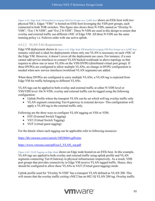 VMware NSX-T Reference Design Guide
95
Figure 4-42: Edge Node VM Installed Leveraging VDS Port Groups on a 2 pNIC host shows an ESXi host with two
physical NICs. Edges “VM1” is hosted on ESXi host leveraging the VDS port groups, each
connected to both TOR switches. This figure also shows three N-VDS, named as “Overlay N-
VDS”, “Ext 1 N-VDS”, and “Ext 2 N-VDS”. Three N-VDS are used in this design to ensure that
overlay and external traffic use different vNIC of Edge VM. All three N-VDS use the same
teaming policy i.e. Failover order with one active uplink.
4.8.2.2 VLAN TAG Requirements
Edge VM deployment shown in Figure 4-42: Edge Node VM Installed Leveraging VDS Port Groups on a 2 pNIC host
remains valid and is ideal for deployments where only one VLAN is necessary on each vNIC of
the Edge VM. However, it doesn’t cover all the deployment use cases. For instance, if a user
cannot add service interfaces to connect VLAN backed workloads in above topology as that
requires to allow one or more VLANs on the VDS DVPG (distributed virtual port group). If
these DVPGs are configured to allow multiple VLANs, no change in DVPG configuration is
needed when new service interfaces (workload VLAN segments) are added.
When these DVPGs are configured to carry multiple VLANs, a VLAN tag is expected from
Edge VM for traffic belonging to different VLANs.
VLAN tags can be applied to both overlay and external traffic at either N-VDS level or
VSS/VDS level. On N-VDS, overlay and external traffic can be tagged using the following
configuration:
• Uplink Profile where the transport VLAN can be set which will tag overlay traffic only
• VLAN segment connecting Tier-0 gateway to external devices- This configuration will
apply a VLAN tag to the external traffic only.
Following are the three ways to configure VLAN tagging on VSS or VDS:
• EST (External Switch Tagging)
• VST (Virtual Switch Tagging)
• VGT (virtual guest tagging)
For the details where each tagging can be applicable refer to following resources:
https://kb.vmware.com/s/article/1003806#vgtPoints
https://www.vmware.com/pdf/esx3_VLAN_wp.pdf
Figure 4-43: VLAN Tagging on Edge Mode shows an Edge node hosted on an ESXi host. In this example,
VLAN tags are applied to both overlay and external traffic using uplink profile and VLAN
segments connecting Tier-0 Gateway to physical infrastructure respectively. As a result, VDS
port groups that provides connectivity to Edge VM receive VLAN tagged traffic. Hence, they
should be configured to allow these VLANs in VGT (Virtual guest tagging) mode.
Uplink profile used for “Overlay N-VDS” has a transport VLAN defined as VLAN 200. This
will ensure that the overlay traffic exiting vNIC2 has an 802.1Q VLAN 200 tag. Overlay traffic
 