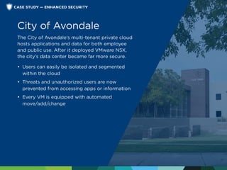 City of Avondale
The City of Avondale’s multi-tenant private cloud
hosts applications and data for both employee
and public use. After it deployed VMware NSX,
the city’s data center became far more secure.
•	 Users can easily be isolated and segmented
	 within the cloud
•	 Threats and unauthorized users are now
	 prevented from accessing apps or information
•	 Every VM is equipped with automated
	move/add/change
CASE STUDY — ENHANCED SECURITY
 