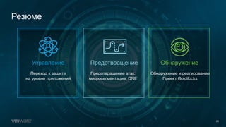 Резюме
29
Предотвращение ОбнаружениеУправление
Переход к защите
на уровне приложений
Предотвращение атак:
микросегментация, DNE
Обнаружение и реагирование
Проект Goldilocks
 
