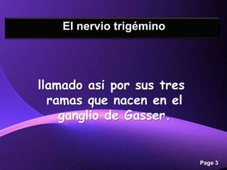 El nervio trigémino




llamado asi por sus tres
  ramas que nacen en el
    ganglio de Gasser.


        Powerpoint Templates
                               Page 3
 