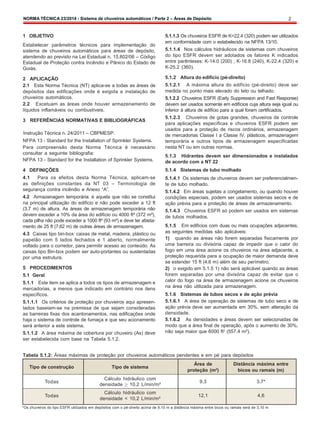NORMA TÉCNICA 23/2014 - Sistema de chuveiros automáticos / Parte 2 – Áreas de Depósito 2
1 OBJETIVO
Estabelecer parâmetros técnicos para implementação do
sistema de chuveiros automáticos para áreas de depósito,
atendendo ao previsto na Lei Estadual n. 15.802/06 – Código
Estadual de Proteção contra Incêndio e Pânico do Estado de
Goiás.
2 APLICAÇÃO
2.1 Esta Norma Técnica (NT) aplica-se a todas as áreas de
depósitos das edificações onde é exigida a instalação de
chuveiros automáticos.
2.2 Excetuam as áreas onde houver armazenamento de
líquidos inflamáveis ou combustíveis.
3 REFERÊNCIAS NORMATIVAS E BIBLIOGRÁFICAS
Instrução Técnica n. 24/2011 – CBPMESP.
NFPA 13 - Standard for the Installation of Sprinkler Systems.
Para compreensão desta Norma Técnica é necessário
consultar a seguinte bibliografia:
NFPA 13 - Standard for the Installation of Sprinkler Systems.
4 DEFINIÇÕES
4.1 Para os efeitos desta Norma Técnica, aplicam-se
as definições constantes da NT 03 – Terminologia de
segurança contra incêndio e Anexo “A”.
4.2 Armazenagem temporária: é aquela que não se constitui
na principal utilização do edifício e não pode exceder a 12 ft
(3,7 m) de altura. As áreas de armazenagem temporária não
devem exceder a 10% da área do edifício ou 4000 ft² (372 m²),
cada pilha não pode exceder a 1000 ft² (93 m²) e deve ter afasta-
mento de 25 ft (7,62 m) de outras áreas de armazenagem.
4.3 Caixas tipo bin-box: caixas de metal, madeira, plástico ou
papelão com 5 lados fechados e 1 aberto, normalmente
voltado para o corredor, para permitir acesso ao conteúdo. As
caixas tipo Bin-box podem ser auto-portantes ou sustentadas
por uma estrutura.
5 PROCEDIMENTOS
5.1 Geral
5.1.1 Este item se aplica a todos os tipos de armazenagem e
mercadorias, a menos que indicado em contrário nos itens
específicos.
5.1.1.1 Os critérios de proteção por chuveiros aqui apresen-
tados baseiam-se na premissa de que sejam consideradas
as barreiras fixas dos acantonamentos, nas edificações onde
haja o sistema de controle de fumaça e que seu acionamento
será anterior a este sistema.
5.1.1.2 A área máxima de cobertura por chuveiro (As) deve
ser estabelecida com base na Tabela 5.1.2.
5.1.1.3 Os chuveiros ESFR de K=22.4 (320) podem ser utilizados
em conformidade com o estabelecido na NFPA 13/10.
5.1.1.4 Nos cálculos hidráulicos de sistemas com chuveiros
do tipo ESFR devem ser adotados os fatores K indicados
entre parênteses: K-14.0 (200) , K-16.8 (240), K-22.4 (320) e
K-25.2 (360).
5.1.2 Altura do edifício (pé-direito)
5.1.2.1 A máxima altura do edifício (pé-direito) deve ser
medida no ponto mais elevado do teto ou telhado.
5.1.2.2 Chuveiros ESFR (Early Suppression and Fast Response)
devem ser usados somente em edifícios cuja altura seja igual ou
inferior à altura de edifício para a qual foram certificados.
5.1.2.3 Chuveiros de gotas grandes, chuveiros de controle
para aplicações específicas e chuveiros ESFR podem ser
usados para a proteção de riscos ordinários, armazenagem
de mercadorias Classe I a Classe IV, plásticos, armazenagem
temporária e outros tipos de armazenagem especificadas
nesta NT ou em outras normas.
5.1.3 Hidrantes devem ser dimensionados e instalados
de acordo com a NT 22
5.1.4 Sistemas de tubo molhado
5.1.4.1 Os sistemas de chuveiros devem ser preferencialmen-
te de tubo molhado.
5.1.4.2 Em áreas sujeitas a congelamento, ou quando houver
condições especiais, podem ser usados sistemas secos e de
ação prévia para a proteção de áreas de armazenamento.
5.1.4.3 Chuveiros ESFR só podem ser usados em sistemas
de tubos molhados.
5.1.5 Em edifícios com duas ou mais ocupações adjacentes,
as seguintes medidas são aplicáveis:
1) quando as áreas não forem separadas fisicamente por
uma barreira ou divisória capaz de impedir que o calor do
fogo em uma área acione os chuveiros na área adjacente, a
proteção requerida para a ocupação de maior demanda deve
se estender 15 ft (4,6 m) além de seu perímetro;
2) o exigido em 5.1.5 1) não será aplicável quando as áreas
forem separadas por uma divisória capaz de evitar que o
calor do fogo na área de armazenagem acione os chuveiros
na área não utilizada para armazenagem.
5.1.6 Sistemas de tubos secos e de ação prévia
5.1.6.1 A área de operação de sistemas de tubo seco e de
ação prévia deve ser aumentada em 30%, sem alteração da
densidade.
5.1.6.2 As densidades e áreas devem ser selecionadas de
modo que a área final de operação, após o aumento de 30%,
não seja maior que 6000 ft2
(557,4 m²).
Tabela 5.1.2: Áreas máximas de proteção por chuveiros automáticos pendentes e em pé para depósitos
Tipo de construção Tipo de sistema
Área de
proteção (m2
)
Distância máxima entre
bicos ou ramais (m)
Todas
Cálculo hidráulico com
densidade ≥ 10,2 L/min/m²
9,3 3,7*
Todas
Cálculo hidráulico com
densidade < 10,2 L/min/m²
12,1 4,6
*Os chuveiros do tipo ESFR utilizados em depósitos com o pé-direito acima de 9,10 m a distância máxima entre bicos ou ramais será de 3,10 m
 