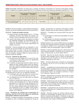 NORMA TÉCNICA 23/2014 - Sistema de chuveiros automáticos / Parte 2 – Áreas de Depósito 32
Tabela 5.3.3.2.1(b): Parâmetros de projeto para a proteção de plásticos armazenados em estruturas porta-paletes simples,
duplas e múltiplas sem prateleiras sólidas até 25 ft (7,6 m) utilizando chuveiros de controle para aplicações específicas (K = 16,8)
5.3.3.2.3.1 Para fins de projeto, a maior pressão de descarga no
chuveiro mais remoto hidraulicamente deve ser 95 psi (6,6 bar).
5.3.3.2.3.2 Treliças de madeira sob piso
1) quando chuveiros de gotas grandes com K = 11.2 forem
instalados sob pisos com treliças de madeira, sua
pressão mínima de operação deve ser 50 psi (3,4 bar);
2) quando cada espaço vazado, das treliças de madeira
são totalmente protegidos em profundidade em inter-
valos que não excedam 20 ft (6,1 m), podem ser
usadas as pressões mais baixas especificadas na
Tabela 5.3.3.2.1(a).
5.3.3.2.3.3 A área de operação deve ser retangular e o com-
primento de seu lado paralelo aos ramais deve ser equiva-
lente a pelo menos 1,2 vezes o valor da raiz quadrada da
área formada pelos chuveiros que devem ser incluídos na
área de operação. Qualquer fração de chuveiro deve ser
incluída na área de operação.
5.3.3.2.3.4 Sistemas de ação prévia
1) Para fins de uso das Tabelas 5.3.3.2.1(a) e 5.3.3.2.1(b),
os sistemas de ação prévia devem ser classificados
como sistemas de tubo seco;
2) O sistema de ação prévia pode ser tratado como um
sistema de tubo molhado quando puder ser demons-
trado que o sistema de detecção que o aciona permite
que a água atinja os chuveiros quando estes entrarem
em operação.
5.3.3.2.3.5 O diâmetro nominal dos ramais (incluindo niples
de elevação) deve cumprir com os seguintes requisitos:
1) Os diâmetros dos tubos não devem ser menores que
1 ¼ in. (33 mm) nem maiores que 2 in. (51 mm);
2) As tubulações de início do ramal podem ter diâmetro
de 2 ½ in. (64 mm);
3) Quando os ramais forem maiores que 2 in. (51 mm), o
chuveiro será alimentado por um niple de elevação
para elevá-lo 13 in. (330 mm) no caso de tubos de 2 ½ in.
(64 mm), e 15 in. (380 mm), no caso de tubos de 3 in.
(76 mm). Essas medidas devem ser tomadas entre o
eixo longitudinal do tubo e o defletor. Outra opção é
fazer um deslocamento horizontal do chuveiro de, no
mínimo, 12 in. (305 mm).
5.3.3.3 Parâmetros de proteção para armazenagem de
plásticos até 25 ft (7,6 m) de altura em estruturas
porta-paletes utilizando chuveiros ESFR
5.3.3.3.1 A proteção de plásticos não expandidos, em caixas
de papelão ou não, e de plásticos expandidos em caixas de
papelão, armazenados em estruturas porta-paletes simples,
duplas e múltiplas, deve ser feita conforme a Tabela 5.3.3.3.1.
5.3.3.3.1.1 A proteção com chuveiros ESFR não pode ser
aplicada a:
1) armazenagem em estruturas porta-paletes com prate-
leiras sólidas;
2) armazenagem em estruturas porta-paletes envolvendo
caixas ou recipientes abertos combustíveis.
5.3.3.3.2 Sistemas com chuveiros ESFR devem ser projetados
de modo que a pressão mínima de operação não seja inferior
à indicada na Tabela 5.3.3.3.1 para tipo de armazenagem,
mercadoria, altura de armazenagem e altura de edifício.
5.3.3.3.3 A área de operação deve ter os 12 chuveiros com
maior demanda hidráulica, consistindo de 4 chuveiros em 3
ramais. A área deve ter, no mínimo, 960 ft2
(89 m²).
5.3.3.3.4 Para fins de cálculo hidráulico, quando houver
chuveiros ESFR instalados acima e abaixo de obstruções, a
descarga de até dois chuveiros em um dos níveis deve ser
somada à descarga do outro nível.
5.3.3.4 Chuveiros internos para a proteção de armazenagem
de plásticos até 25 ft (7,6 m) de altura em estruturas
porta-paletes.
5.3.3.4.1 Localização de chuveiros internos para a proteção
de armazenagem de plásticos até 25 ft (7,6 m) de altura em
estruturas porta-paletes. Os chuveiros internos em estruturas
porta-paletes devem ser instalados conforme a Figura
5.3.3.1.5(a) até a Figura 5.3.3.1.5(f).
5.3.3.4.2 Espaçamento de chuveiros internos para a prote-
ção de armazenagem de plásticos até 25 ft (7,6 m) de altura
em estruturas porta-paletes.
5.3.3.4.2.1 Distância livre entre chuveiros internos e o material
armazenado. Uma distância livre vertical de pelo menos 6-in.
(152,4 mm) deve ser mantida entre os defletores e o topo de
cada nível de material armazenado.
5.3.3.4.2.2 O espaçamento dos chuveiros internos em estru-
turas porta-paletes deve ser o indicado pela Figura 5.3.3.1.5(a)
e Figura 5.3.3.1.5(f).
5.3.3.4.3 Demanda de água de chuveiros internos para a
proteção de armazenagem de plásticos até 25 ft (7,6 m) de
altura em estruturas porta-paletes. A demanda de água dos
chuveiros internos deve ser baseada na operação simultânea
dos chuveiros mais remotos hidraulicamente:
 