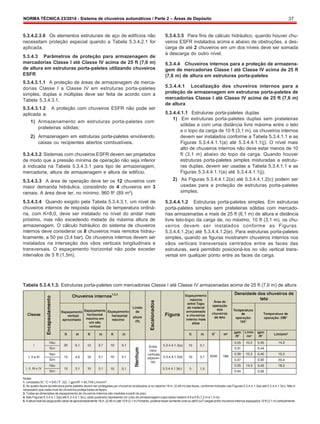 NORMA TÉCNICA 23/2014 - Sistema de chuveiros automáticos / Parte 2 – Áreas de Depósito 37
5.3.4.2.3.6 Os elementos estruturais de aço de edifícios não
necessitam proteção especial quando a Tabela 5.3.4.2.1 for
aplicada.
5.3.4.3 Parâmetros de proteção para armazenagem de
mercadorias Classe I até Classe IV acima de 25 ft (7,6 m)
de altura em estruturas porta-paletes utilizando chuveiros
ESFR
5.3.4.3.1.1 A proteção de áreas de armazenagem de merca-
dorias Classe I a Classe IV em estruturas porta-paletes
simples, duplas e múltiplas deve ser feita de acordo com a
Tabela 5.3.4.3.1.
5.3.4.3.1.2 A proteção com chuveiros ESFR não pode ser
aplicada a:
1) Armazenamento em estruturas porta-paletes com
prateleiras sólidas;
2) Armazenagem em estruturas porta-paletes envolvendo
caixas ou recipientes abertos combustíveis.
5.3.4.3.2 Sistemas com chuveiros ESFR devem ser projetados
de modo que a pressão mínima de operação não seja inferior
à indicada na Tabela 5.3.4.3.1 para tipo de armazenagem,
mercadoria, altura de armazenagem e altura de edifício.
5.3.4.3.3 A área de operação deve ter os 12 chuveiros com
maior demanda hidráulica, consistindo de 4 chuveiros em 3
ramais. A área deve ter, no mínimo, 960 ft2
(89 m²).
5.3.4.3.4 Quando exigido pela Tabela 5.3.4.3.1, um nível de
chuveiros internos de resposta rápida de temperatura ordiná-
ria, com K=8,0, deve ser instalado no nível do andar mais
próximo, mas não excedendo metade da máxima altura de
armazenagem. O cálculo hidráulico do sistema de chuveiros
internos deve considerar os 8 chuveiros mais remotos hidrau-
licamente, a 50 psi (3,4 bar). Os chuveiros internos devem ser
instalados na interseção dos vãos verticais longitudinais e
transversais. O espaçamento horizontal não pode exceder
intervalos de 5 ft (1,5m).
5.3.4.3.5 Para fins de cálculo hidráulico, quando houver chu-
veiros ESFR instalados acima e abaixo de obstruções, a des-
carga de até 2 chuveiros em um dos níveis deve ser somada
à descarga do outro nível.
5.3.4.4 Chuveiros internos para a proteção de armazena-
gem de mercadorias Classe I até Classe IV acima de 25 ft
(7,6 m) de altura em estruturas porta-paletes
5.3.4.4.1 Localização dos chuveiros internos para a
proteção de armazenagem em estruturas porta-paletes de
mercadorias Classe I até Classe IV acima de 25 ft (7,6 m)
de altura
5.3.4.4.1.1 Estruturas porta-paletes duplas
1) Em estruturas porta-paletes duplas sem prateleiras
sólidas e com uma distância livre máxima entre o teto
e o topo da carga de 10 ft (3,1 m), os chuveiros internos
devem ser instalados conforme a Tabela 5.3.4.1.1 e as
Figuras 5.3.4.4.1.1(a) até 5.3.4.4.1.1(j). O nível mais
alto de chuveiros internos não deve estar menos de 10
ft (3,1 m) abaixo do topo da carga. Quando houver
estruturas porta-paletes simples misturadas a estrutu-
ras duplas, devem ser usadas a Tabela 5.3.4.1.1 e as
Figuras 5.3.4.4.1.1(a) até 5.3.4.4.1.1(j);
2) As Figuras 5.3.4.4.1.2(a) até 5.3.4.4.1.2(c) podem ser
usadas para a proteção de estruturas porta-paletes
simples.
5.3.4.4.1.2 Estruturas porta-paletes simples. Em estruturas
porta-paletes simples sem prateleiras sólidas com mercado-
rias armazenadas a mais de 25 ft (6,1 m) de altura e distância
livre teto-topo da carga de, no máximo, 10 ft (3,1 m), os chu-
veiros devem ser instalados conforme as Figuras
5.3.4.4.1.2(a) até 5.3.4.4.1.2(e). Para estruturas porta-paletes
simples, quando as figuras mostrarem chuveiros internos nos
vãos verticais transversais centrados entre as faces das
estruturas, será permitido posicioná-los no vão vertical trans-
versal em qualquer ponto entre as faces da carga.
Tabela 5.3.4.1.3: Estruturas porta-paletes com mercadorias Classe I até Classe IV armazenadas acima de 25 ft (7,6 m) de altura
Notas:
1. Unidades SI, °C = 5/9 (°F 32); 1 gpm/ft2
= 40,746 L/min/m²;
2. As quatro faces da estrutura porta-paletes devem ser protegidas por chuveiros localizados a no máximo 18 in. (0,46 m) das faces, conforme indicado nas Figuras 5.3.4.4.1.3(a) até 5.3.4.4.1.3(c). Não é
necessário que cada nível de chuveiros proteja todas as faces;
3. Todas as dimensões de espaçamento de chuveiros internos são medidas a partir do piso;
4. Nas Figuras 5.3.4.4.1.3(a) até 5.3.4.4.1.3(c), cada quadrado representa um cubo de armazenagem cujos lados medem4 ft a 5 ft (1,2 ma 1,5 m);
5. Aalturareal dacargapodevariar deaproximadamente 18in.(0,46 m) até 10 ft(3,1 m) Portanto, poderiahaversomenteuma ou até6ou7cargasentrechuveirosinternos espaçados 10ft(3,1 m)verticalmente.
 