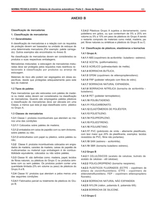 NORMA TÉCNICA 23/2014 - Sistema de chuveiros automáticos / Parte 2 – Áreas de Depósito 63
ANEXO B
Classificação de mercadorias
1. Classificação de mercadorias
1.1 Generalidades
A classificação de mercadorias e a relação com os requisitos
de proteção devem ser baseados na unidade de estoque de
uma determinada mercadoria (Por exemplo: palete carrega-
do). Outros exemplos são encontrados no Anexo B.
Na classificação de mercadorias devem ser considerados os
produtos e suas respectivas embalagens.
Mercadorias misturadas: a estocagem de mercadorias mistu-
radas deve ser protegida pelos requisitos mais restritivos re-
lacionado à classificação por produtos ou arranjo da
estocagem.
Materiais de risco alto podem ser segregados em áreas es-
pecíficas, desde que protegidas adequadamente para este
tipo de material.
1.2 Tipos de paletes
Para mercadorias que são estocadas com paletes de madei-
ra ou metal, estes devem ser considerados na classificação
de mercadorias. Quando são empregados paletes plásticos
a classificação de mercadorias deve ser elevada em uma
Classe, a menos que esta já seja classificada como plástico
no Grupo A.
1.3 Classes de mercadorias
1.3.1 Classe I: produtos incombustíveis que atendam ao me-
nos uma das condições:
1.3.1.1 Colocados sobre paletes de madeira;
1.3.1.2 embalados em caixa de papelão com ou sem divisores,
sobre paletes ou não;
1.3.1.3 embrulhados com papel ou plástico, sobre paletes ou
não;
1.3.2 Classe II: produtos incombustíveis colocados em engra-
dados de madeira, caixotes de madeira, caixas de papelão de
multicamadas ou material cuja embalagem é de combus-
tibilidade equivalente, colocados ou não sobre paletes.
1.3.3 Classe III: são definidas como: madeira, papel, tecidos
de fibras naturais, ou plásticos do Grupo C ou produtos simi-
lares com ou sem paletes. Os produtos podem conter uma
quantidade limitada (5% em volume ou peso) de plásticos do
Grupo A e B.
1.3.4 Classe IV: produtos que atendam a pelos menos uma
das seguintes condições:
1.3.4.1 Fabricados parcial ou totalmente de plásticos do Gru-
po B;
1.3.4.2 Plásticos Grupo A sujeitos a derramamento, como
polietileno em grãos, ou que contenham de 5% a 25% em
volume ou 5% a 15% em peso de plásticos do Grupo A sendo
o restante composto de materiais como metal, madeira, pa-
pel, fibras naturais ou sintéticas e plásticos do Grupo B ou C.
1.4 Classificação de plásticos, elastômeros e borrachas
1.4.1 Grupo A:
1.4.1.1 ABS (copolímero de acrilonitrila - butadieno - estireno);
1.4.1.2 ACETAL (poliformaldeído);
1.4.1.3 ACRÍLICO (polimetacrilado de metila);
1.4.1.4 BORRACHA BUTÍLICA;
1.4.1.5 EPDM (copolímero de etilenopropilenodieno);
1.4.1.6 FRP (poliéster reforçado com fibra de vidro);
1.4.1.7 BORRACHA NATURAL EXPANDIDA;
1.4.1.8 BORRACHA NITRÍLICA (borracha de acrilonitrila -
butadieno);
1.4.1.9 PET (poliéster termoplástico);
1.4.1.10 POLIBUTADIENO;
1.4.1.11 POLICARBONATO;
1.4.1.12 ELASTÔMEROS DE POLIÉSTER;
1.4.1.13 POLIETILENO;
1.4.1.14 POLIPROPILENO;
1.4.1.15 POLIESTIRENO;
1.4.1.16 POLIURETANO;
1.4.1.17 PVC (policloreto de vinila - altamente plastificado,
com teor maior que 20% de plastificante, exemplos: tecidos
revestidos de PVC, filme não portantes);
1.4.1.18 SAN (estireno - acrilonitrila);
1.4.1.19 SBR (borracha butadieno estireno).
1.4.2 Grupo B
1.4.2.1 CELULÓSICOS (acetato de celulose, butirato de
acetato de celulose - etil celulose);
1.4.2.2 POLICLOROPRENO (borracha neopreme);
1.4.2.3 PLÁSTICOS FLUORADOS (ECTFE - copolímero de
etileno de clorotrifluoretileno, ETFE - copolímero de
etilenotetrafluoretileno, FEP - copolímero etilenopropileno
fluorado);
1.4.2.4 BORRACHA NATURAL NÃO EXPANDIDA
1.4.2.5 NYLON (náilon, poliamida 6, poliamida 6/6);
1.4.2.6 BORRACHA DE SILICONE.
1.4.3 Grupo C
 