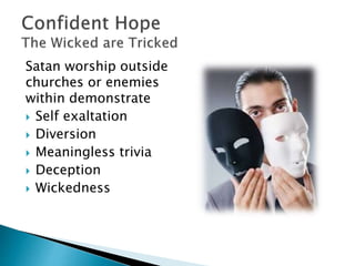Result of denying God’s truth is receiving a
deceptive delusion from God (Ch 2:10-12).
Path to
condemnation
Reject
God’s
truth
Believe
Satan’s
lie
Receive
God’s
delusion
 