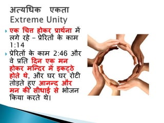 एक धचत्त होकर प्रार्थना में
लगे रहे - प्रेररिों के काम
1:14
 प्रेररिों के काम 2:46 और
वे प्रनि द्रदन एक मन
होकर मन्न्दर में इकट्ठे
होते र्े, और घर घर रोटी
िोड़िे हुए आनन्द और
मन की सीिाई से भोजन
ककया करिे थे।
 