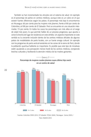 Nuevas (y viejas) historias sobre las mujeres rurales jóvenes



         También se han incrementado los vínculos con el sistema de salud. Un ejemplo
     es el porcentaje de partos en centros médicos, aunque este es un rubro en el que
     existen fuertes diferencias según los países. El porcentaje más bajo lo encontramos
     en Nicaragua: 60 por ciento para las mujeres más jóvenes, frente al 80 por ciento de
     Colombia y el 88 por ciento de El Salvador. Perú se encuentra en una situación inter-
     media: 73 por ciento. En todos los casos los porcentajes son más altos en el rango
     de edad más joven, lo que permite hablar de un proceso progresivo, que apunta a
     cerrar la brecha de lugar de residencia en este ámbito. Un aspecto importante en este
     sentido es la creciente inclusión dentro de los centros médicos oficiales de algunos
     países de modalidades de parto locales, con un fuerte arraigo cultural. Un ejemplo
     son los programas de parto vertical existentes en las zonas de la sierra de Perú, donde
     la población quechua hablante es mayoritaria. Es posible que este tipo de iniciativas
     estén ayudando a una percepción menos hostil de los centros médicos, rompiendo
     brechas culturales y facilitando la atención médica de las madres gestantes.

                                                         Gráfico 7
                   Porcentaje de mujeres rurales jóvenes cuyos último hijo nació
                                             en un centro de salud

                                     88%
22                  82%                       84%
            80 %
                          78%                       78%
                                                                                    73%


                                                                60% 59%                    60% 59%
                                                                             54%




               Colombia                    El Salvador               Nicaragua             Perú


                              14-17 años                    18-25 años             26-35 años


            Fuentes: Colombia: ENDS 2010 / El Salvador: FESAL 2008 / Nicaragua: Censo 2005 /
                                                  Perú: ENAHO 2010
 