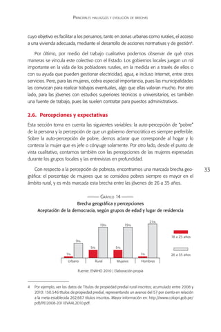 Principales hallazgos y evolución de brechas



cuyo objetivo es facilitar a los peruanos, tanto en zonas urbanas como rurales, el acceso
a una vivienda adecuada, mediante el desarrollo de acciones normativas y de gestión4.

    Por último, por medio del trabajo cualitativo podemos observar de qué otras
maneras se vincula este colectivo con el Estado. Los gobiernos locales juegan un rol
importante en la vida de los pobladores rurales, en la medida en a través de ellos o
con su ayuda que pueden gestionar electricidad, agua, e incluso Internet, entre otros
servicios. Pero, para las mujeres, cobra especial importancia, pues las municipalidades
las convocan para realizar trabajos eventuales, algo que ellas valoran mucho. Por otro
lado, para las jóvenes con estudios superiores técnicos o universitarios, es también
una fuente de trabajo, pues las suelen contratar para puestos administrativos.

2.6.	 Percepciones y expectativas
Esta sección toma en cuenta las siguientes variables: la auto-percepción de “pobre”
de la persona y la percepción de que un gobierno democrático es siempre preferible.
Sobre la auto-percepción de pobre, demos aclarar que corresponde al hogar y lo
contesta la mujer que es jefe o cónyuge solamente. Por otro lado, desde el punto de
vista cualitativo, contamos también con las percepciones de las mujeres expresadas
durante los grupos focales y las entrevistas en profundidad.

    Con respecto a la percepción de pobreza, encontramos una marcada brecha geo-                        33
gráfica: el porcentaje de mujeres que se considera pobres siempre es mayor en el
ámbito rural, y es más marcada esta brecha entre las jóvenes de 26 a 35 años.

                                            Gráfico 14
                              Brecha geográfica y percepciones
      Aceptación de la democracia, según grupos de edad y lugar de residencia

                                                                           21%
                                            19%            19%


                                                                                       18 a 25 años
                             9%
                                      5%             5%
                       1%                                           1%                 26 a 35 años
                        Urbano           Rural        Mujeres        Hombres

                              Fuente: ENAHO 2010 | Elaboración propia



4	 Por ejemplo, ver los datos de Títulos de propiedad predial rural inscritos; acumulado entre 2008 y
   2010: 150.546 títulos de propiedad predial, representando un avance del 57 por ciento en relación
   a la meta establecida 262,667 títulos inscritos. Mayor información en: http://www.cofopri.gob.pe/
   pdf/PEI2008-2011EVAAL2010.pdf.
 