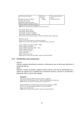 Otra forma del nombre                Referencia         Forma autorizada del
                                                 cruzada            nombre
           Consejo de Guerra y Marina                Véase          Consejo de Guerra
           Consejo de la Guerra
           Supremo Consejo de Guerra
           Real y Supremo Consejo de Guerra
           España, Archivo General de Simancas
           Nota: Para el registro de autoridad: Consejo de Guerra

           Noel family, Barons Noel
           Noel family, Barons Barham
           Noel family, Viscounts Campden
           Noel family, baronets, of Barham Court
           Reino Unido, The National Archives: Historical Manuscripts Commission

           Bordeaux, duc de
           Francia, Centre historique des Archives nationals
           Nota: Para el registro de autoridad: "Chambord, Henri, comte de"

           Arquivo Público do Império (1838 – 1890)
           Archivo Público do Império
           Arquivo Público Nacional (1890 – 1911)
           Archivo Público Nacional
           Arquivo Nacional (1911 - )
           Archivo Nacional
           Brasil, Arquivo Nacional
           Nota: Para el registro de autoridad: Arquivo Nacional (Brasil)

5.1.6   Identificadores para instituciones

        Objetivo:
        Facilitar cualquier identificador, numérico o alfanumérico que se utilice para identificar la
        institución descrita.
        Regla:
        Registrar, cuando sea posible, cualquier número oficial u otro tipo de identificador (p.e.,
        número de registro de la compañía) de la institución descrita y precisar la jurisdicción y
        disposición bajo la cual ha sido asignado.

             Ejemplos:
             Registered company 60096 (Companies House, England)
             Reino Unido, The National Archives: Historical Manuscripts Commission
             Nota: Para la institución Cerain Iron Ore Company Ltd

             04.374.067/0001-47 (Cadastro Nacional de Pessoas Jurídicas - CNPJ)
             00320 (nº da unidade protocolizadora no Governo Federal)
             Brasil, Arquivo Nacional
             Nota: Para el registro de autoridad: Arquivo Nacional (Brasil)




                                                   19
 