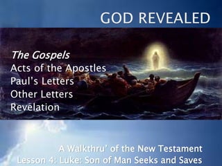 The Gospels
Acts of the Apostles
Paul’s Letters
Other Letters
Revelation
A Walkthru’ of the New Testament
Lesson 4: Luke: Son of Man Seeks and Saves
 