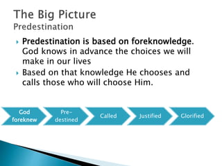 God
foreknew
Pre-
destined
Called Justified Glorified
 Predestination is based on foreknowledge.
God knows in advance the choices we will
make in our lives
 Based on that knowledge He chooses and
calls those who will choose Him.
 