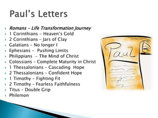  Romans – Life Transformation Journey
 1 Corinthians - Heaven’s Gold
 2 Corinthians – Jars of Clay
 Galatians – No longer I
 Ephesians - Pushing Limits
 Philippians - The Mind of Christ
 Colossians – Complete Maturity in Christ
 1 Thessalonians – Cascading Hope
 2 Thessalonians – Confident Hope
 1 Timothy - Fighting Fit
 2 Timothy – Fearless Faithfulness
 Titus – Double Grip
 Philemon
 