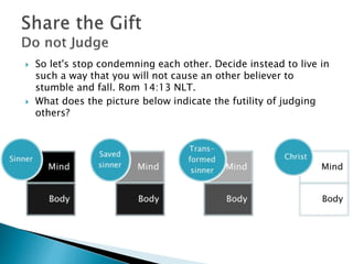  So let's stop condemning each other. Decide instead to live in
such a way that you will not cause an other believer to
stumble and fall. Rom 14:13 NLT.
 What does the picture below indicate the futility of judging
others?
 