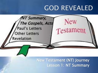 NT Summary,
The Gospels, Acts
Paul’s Letters
Other Letters
Revelation
New Testament (NT) Journey
Lesson 1: NT Summary
 