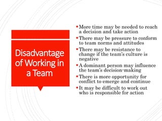 Disadvantage
of Working in
a Team
More time may be needed to reach
a decision and take action
There may be pressure to conform
to team norms and attitudes
There may be resistance to
change if the team’s culture is
negative
A dominant person may influence
the team’s decision-making
There is more opportunity for
conflict to emerge and continue
It may be difficult to work out
who is responsible for action
 