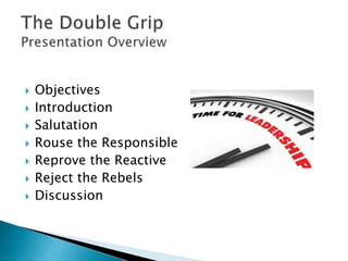  Objectives
 Introduction
 Salutation
 Rouse the Responsible
 Reprove the Reactive
 Reject the Rebels
 Discussion
 