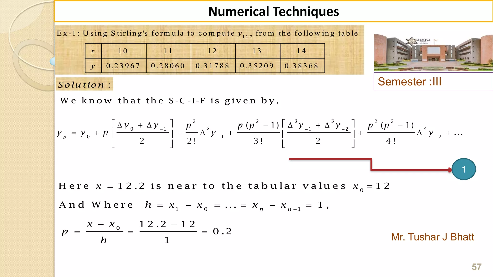 Semester :III
Mr. Tushar J Bhatt
57
Numerical Techniques
1 2 .2
E x -1 : U sin g S tirlin g 's fo rm u la to co m p u t e fro m th e fo llo w in g tab le
1 0 1 1 1 2 1 3 1 4
0 .2 3 9 6 7 0 .2 8 0 6 0 0 .3 1 7 8 8 0 .3 5 2 0 9 0 .3 8 3 6 8
y
x
y
:Solu tion
W e k n o w th a t th e S -C -I-F is g iv e n b y ,
1
3 32 2 2 2
2 40 1 1 2
0 1 2
( 1) ( 1)
...
2 2 ! 3 ! 2 4 !
p
y y y yp p p p p
y y p y y
  
 
         
          
  


     
 
  
0
1 0 1
0
H e r e 1 2 .2 is n e a r t o t h e t a b u la r v a lu e s = 1 2
A n d W h e r e ... 1 ,
1 2 .2 1 2
0 .2
1
n n
x x
h x x x x
x x
p
h
 