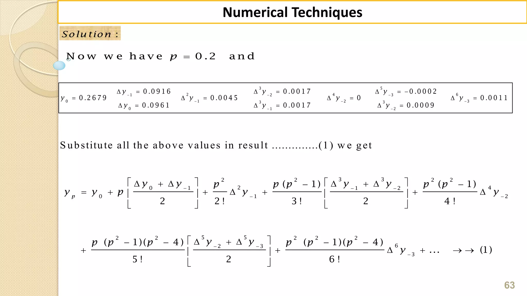 63
Numerical Techniques
:Solu tion
N o w w e h a v e 0 .2 a n dp 
S ubstitute all the above values in result ..............(1) w e get
3 5
2 4 61 2 3
0 1 2 33 3
0 1 2
0 .0 9 1 6 0 .0 0 1 7 0 .0 0 0 2
0 .2 6 7 9 0 .0 0 4 5 0 0 .0 0 1 1
0 .0 9 6 1 0 .0 0 1 7 0 .0 0 0 9
y y y
y y y y
y y y
  
  
 
      
      
     
3 32 2 2 2
2 40 1 1 2
0 1 2
5 52 2 2 2 2
62 3
3
( 1) ( 1)
2 2 ! 3 ! 2 4 !
( 1)( 4 ) ( 1)( 4 )
... (1)
5 ! 2 6 !
p
y y y yp p p p p
y y p y y
y yp p p p p p
y
  
 
 

         
         
  
      
      
 
 