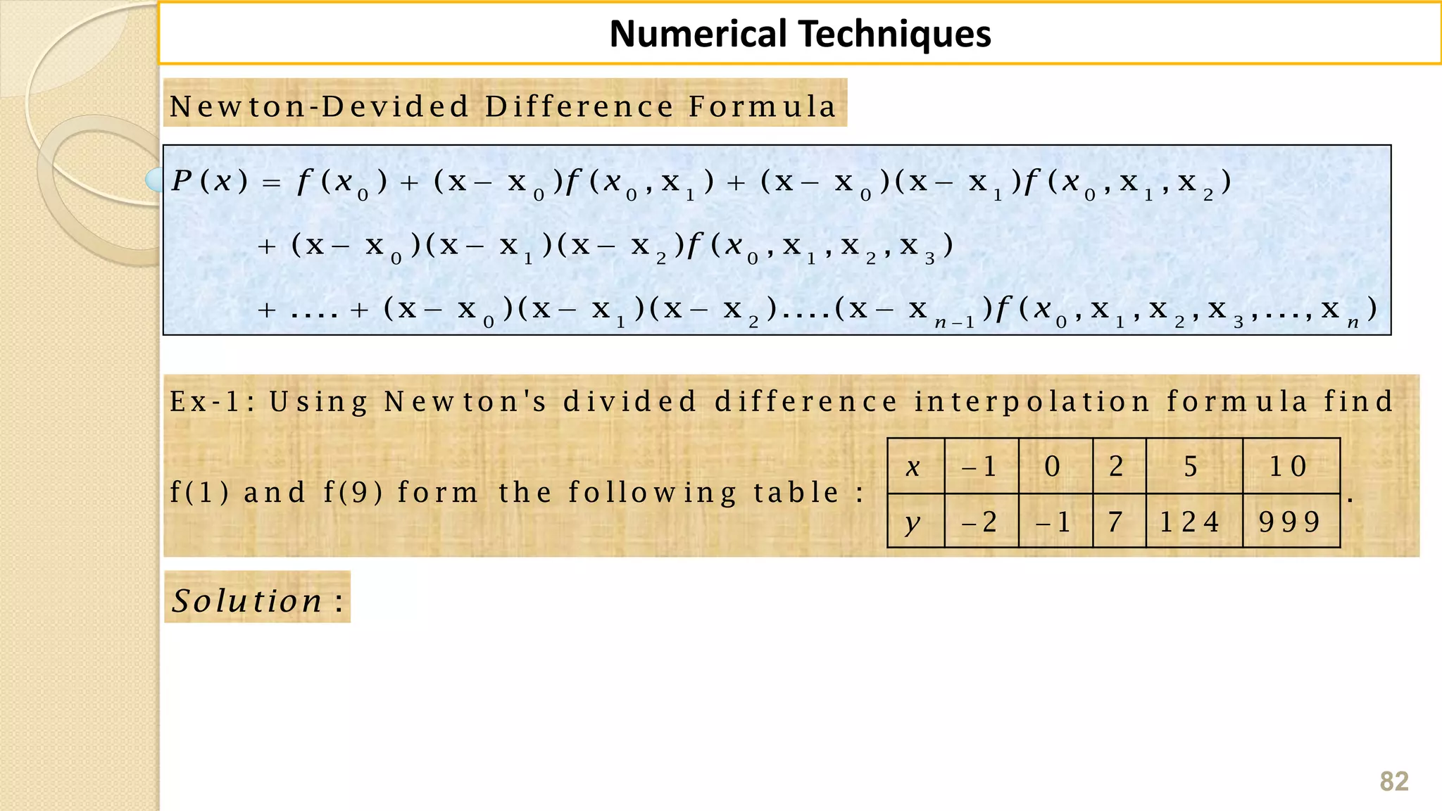 82
Numerical Techniques
N ew ton-D evided D ifference Form ula
0 0 0 1 0 1 0 1 2
0 1 2 0 1 2 3
0 1 2 1 0 1 2 3
( ) ( ) (x x ) ( , x ) (x x )(x x ) ( , x , x )
(x x )(x x )(x x ) ( , x , x , x )
.... (x x )(x x )(x x )....(x x ) ( , x , x , x ,..., x )n n
P x f x f x f x
f x
f x
     
   
     
E x -1 : U s in g N e w to n 's d iv id e d d iffe re n c e in te rp o la tio n fo rm u la fin d
1 0 2 5 1 0
f(1 ) a n d f(9 ) fo rm th e fo llo w in g ta b le : .
2 1 7 1 2 4 9 9 9
x
y

 
:Solution
 