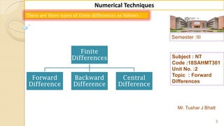 Semester :III
Mr. Tushar J Bhatt
Subject : NT
Code :18SAHMT301
Unit No. :2
Topic : Forward
Differences
3
Numerical Techniques
There are three types of finite differences as follows :
Finite
Differences
Forward
Difference
Backward
Difference
Central
Difference
 
