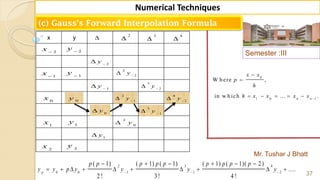 Semester :III
Mr. Tushar J Bhatt
37
Numerical Techniques
(c) Gauss’s Forward Interpolation Formula
2 3 4
0 0 1 1 2
( 1) ( 1) ( 1) ( 1) ( 1)( 2)
....
2 ! 3! 4 !
p
p p p p p p p p p
y y p y y y y  
     
         
x y 
2

3

4

2
x 
1
x 
0
x
1
x
2
x
2
y 
1
y 
0
y
1
y
2
y
0
y
1
y
1
y 

2
y 

2
0
y
2
1
y 

2
2
y 

3
1
y 

3
2
y 

4
2
y 

0
1 0 1
W h ere ,
in w h ich ... .n n
x x
p
h
h x x x x 


    
 