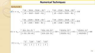 70
Numerical Techniques
:Solu tion
        
       
        
        
      
        
(4 3)(4 5)(4 6 ) (4 2)(4 5)(4 6 )
(1 ) y 1 5 3 0
(2 3)(2 5)(2 6 ) (3 2)(3 5)(3 6 )
(4 2)(4 3)(4 6 ) (4 2)(4 3)(4 5)
4 5 6 0
(5 2)(5 3)(5 6 ) (6 2)(6 3)(6 5)
p
            
               
            
(1)( 1)( 2) (2)( 1)( 2) (2)(1)( 2) (2)(1)( 1)
(1 ) y 1 5 3 0 4 5 6 0
( 1)( 3)( 4 ) (1)( 2)( 3) (3)(2)( 1) (4 )(3)(1)
p
       
            
       
5 2 0 3 0 1 0
(1 ) y
2 1 1 1
p
 
