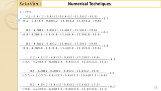 75
Numerical Techniques:Solution
(y )
(1 2 6 .8 )(1 2 9 .8 )(1 2 1 3 .4 )(1 2 1 5 .5)(1 2 1 9 .6 )
1 .2
(4 .2 6 .8 )(4 .2 9 .8 )(4 .2 1 3 .4 )(4 .2 1 5 .5)(4 .2 1 9 .6 )
(1 2 4 .2)(1 2 9 .8 )(1 2 1 3 .4 )(1 2 1 5 .5)(1 2 1 9 .6 )
2 .1
(6 .8 4 .2)(6 .8 9 .8 )(6 .8 1 3 .4 )(6 .8 1 5 .5)(6 .8 1 9 .6 )
(
x f
    
 
    
    
 
    

1 2 4 .2)(1 2 6 .8 )(1 2 1 3 .4 )(1 2 1 5 .5)(1 2 1 9 .6 )
2 .8
(9 .8 4 .2)(9 .8 6 .8 )(9 .8 1 3 .4 )(9 .8 1 5 .5)(9 .8 1 9 .6 )
(1 2 4 .2)(1 2 6 .8 )(1 2 9 .8 )(1 2 1 5 .5)(1 2 1 9 .6 )
4 .1
(1 3 .4 4 .2)(1 3 .4 6 .8 )(1 3 .4 9 .8 )(1 3 .4 1 5 .5)(1 3 .4 1 9 .6 )
(1 2 4 .
    

    
    
 
    


2)(1 2 6 .8 )(1 2 9 .8 )(1 2 1 3 .4 )(1 2 1 9 .6 )
4 .9
(1 5 .5 4 .2)(1 5 .5 6 .8 )(1 5 .5 9 .8 )(1 5 .5 1 3 .4 )(1 5 .5 1 9 .6 )
(1 2 4 .2)(1 2 6 .8 )(1 2 9 .8 )(1 2 1 3 .4 )(1 2 1 5 .5)
6 .2
(1 9 .6 4 .2)(1 9 .6 6 .8 )(1 9 .6 9 .8 )(1 9 .6 1 3 .4 )(1 9 .6 1 5 .5)
   

    
    
 
    
 