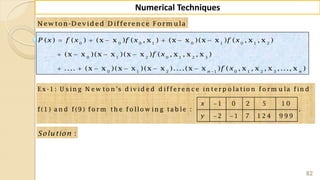 82
Numerical Techniques
N ew ton-D evided D ifference Form ula
0 0 0 1 0 1 0 1 2
0 1 2 0 1 2 3
0 1 2 1 0 1 2 3
( ) ( ) (x x ) ( , x ) (x x )(x x ) ( , x , x )
(x x )(x x )(x x ) ( , x , x , x )
.... (x x )(x x )(x x )....(x x ) ( , x , x , x ,..., x )n n
P x f x f x f x
f x
f x
     
   
     
E x -1 : U s in g N e w to n 's d iv id e d d iffe re n c e in te rp o la tio n fo rm u la fin d
1 0 2 5 1 0
f(1 ) a n d f(9 ) fo rm th e fo llo w in g ta b le : .
2 1 7 1 2 4 9 9 9
x
y

 
:Solution
 