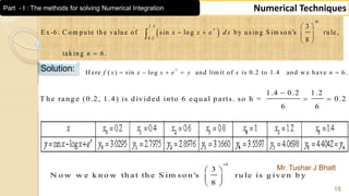Mr. Tushar J Bhatt
16
Numerical Techniques
 
1.4
0.2
3
E x-6: C om pute the value of sin log by us ing S im son's rule,
8
taking 6.
th
x
x x e dx
n
 
   
 


Solution:
1.4 0.2 1.2
T he range (0.2, 1.4) is divided into 6 equal parts. so h = 0.2
6 6

 
H ere ( ) sin log and lim it of is 0.2 to 1.4 and w e have 6.
x
f x x x e y x n    
3
N o w w e k n o w th a t th e S im so n 's ru le is g iv e n b y
8
th
 
 
 
Part - I : The methods for solving Numerical Integration
 