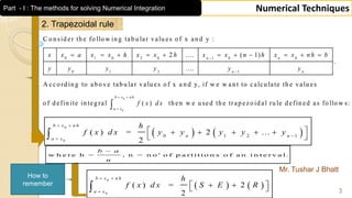 Mr. Tushar J Bhatt
3
Numerical Techniques
2. Trapezoidal rule
0 1 0 2 0 1 0 0
0 1 2 1
C o n sid er th e fo llo w in g tab u lar valu es o f x an d y :
2 .... ( 1)
.
....
A cco rd in g to ab o ve tab u lar valu es o f x a n d y, if w e w an t to calcu late th e valu es
o f
n n
n n
x x a x x h x x h x x n h x x n h b
y y y y y y


          
0
0
d efin ite in teg ral ( ) th en w e u sed th e trap ezo id al ru le d efin ed as fo llo w s:
b x n h
a x
f x d x
 

   
0
0
0 1 2 1
( ) = 2 ...
2
b x n h
n n
a x
h
f x d x y y y y y
 


     
 
   
0
0
( ) = 2
2
b x n h
a x
h
f x d x S E R
 

   
How to
remember
w h e r e h = , n = n o ' o f p a r t i t i o n s o f a n i n t e r v a l.
b a
n

Part - I : The methods for solving Numerical Integration
 