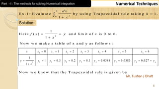 Mr. Tushar J Bhatt
6
Numerical Techniques
6
20
E x -1 : E valu ate b y u sin g T rap ezo id al ru le tak in g 1 .
1
d x
h
x



Solution:
2
1
H e re ( ) a n d lim it o f is 0 to 6 .
1
f x y x
x
 

N o w w e m ak e a tab le o f x an d y as fo llo w s :
0 1 2 3 4 5 6
0 1 2 3 4 5 62
0 1 2 3 4 5 6
1
1 0.5 0.2 0.1 0.0588 0.0385 0.027
1
n
x x x x x x x x
y y y y y y y y y
x
      
        

N o w w e k n o w th at th e T rap ezo id al ru le is g iven b y
Part - I : The methods for solving Numerical Integration
 