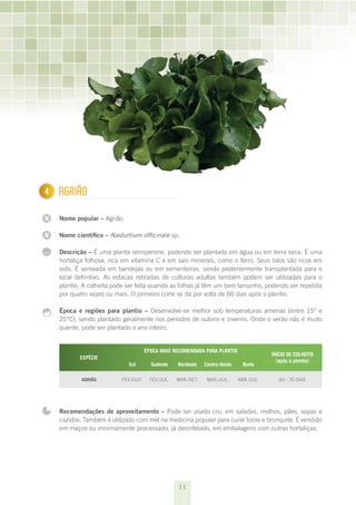 4
1     AGRIãO

N     Nome popular – Agrião

N     Nome científico – Nasturtium officinale sp.

...   Descrição – É uma planta semiperene, podendo ser plantada em água ou em terra seca. É uma
      hortaliça folhosa, rica em vitamina C e em sais minerais, como o ferro. Seus talos são ricos em
      iodo. É semeada em bandejas ou em sementeiras, sendo posteriormente transplantada para o
      local definitivo. As estacas retiradas de culturas adultas também podem ser utilizadas para o
      plantio. A colheita pode ser feita quando as folhas já têm um bom tamanho, podendo ser repetida
      por quatro vezes ou mais. O primeiro corte se dá por volta de 60 dias após o plantio.

      Época e regiões para plantio – Desenvolve-se melhor sob temperaturas amenas (entre 15° e
      25°C), sendo plantado geralmente nos períodos de outono e inverno. Onde o verão não é muito
      quente, pode ser plantado o ano inteiro.


                                        ÉPOCA MAIS RECOMENDADA PARA PLANTIO
                                                                                             INÍCIO DE COLHEITA
             ESPÉCIE
                                                                                               (após o plantio) 
                               Sul        Sudeste     Nordeste    Centro-Oeste     Norte

              AGRIãO        FEV./OUT.     FEV./JUL.   MAR./SET.    MAR./JUL.     ABR./JUL.      60 - 70 DIAS




      Recomendações de aproveitamento – Pode ser usado cru, em saladas, molhos, pães, sopas e
      cozidos. Também é utilizado com mel na medicina popular para curar tosse e bronquite. É vendido
      em maços ou minimamente processado, já desinfetado, em embalagens com outras hortaliças.




                                                      11
 