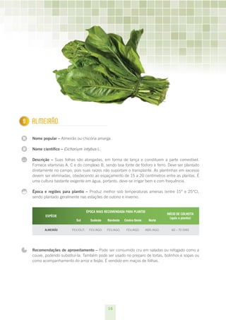 9
1     ALmEIRãO

N     Nome popular – Almeirão ou chicória amarga

N     Nome científico – Cichorium intybus L.

...   Descrição – Suas folhas são alongadas, em forma de lança e constituem a parte comestível.
      Fornece vitaminas A, C e do complexo B, sendo boa fonte de fósforo e ferro. Deve ser plantado
      diretamente no campo, pois suas raízes não suportam o transplante. As plantinhas em excesso
      devem ser eliminadas, obedecendo ao espaçamento de 15 a 20 centímetros entre as plantas. É
      uma cultura bastante exigente em água, portanto, deve-se irrigar bem e com frequência.

      Época e regiões para plantio – Produz melhor sob temperaturas amenas (entre 15° e 25°C),
      sendo plantado geralmente nas estações de outono e inverno.


                                        ÉPOCA MAIS RECOMENDADA PARA PLANTIO
                                                                                            INÍCIO DE COLHEITA
             ESPÉCIE
                                                                                              (após o plantio)
                              Sul         Sudeste    Nordeste    Centro-Oeste     Norte

            ALMEIRãO        FEV./OUT.    FEV./AGO.   FEV./AGO.    FEV./AGO.     ABR./AGO.      60 – 70 DIAS




      Recomendações de aproveitamento – Pode ser consumido cru em saladas ou refogado como a
      couve, podendo substituí-la. Também pode ser usado no preparo de tortas, bolinhos e sopas ou
      como acompanhamento do arroz e feijão. É vendido em maços de folhas.




                                                     16
 