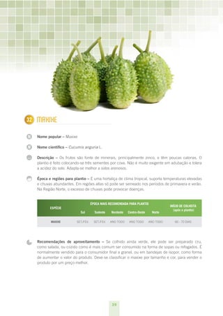 32
1     mAxIxE

N     Nome popular – Maxixe

N     Nome científico – Cucumis anguria L.

...   Descrição – Os frutos são fonte de minerais, principalmente zinco, e têm poucas calorias. O
      plantio é feito colocando-se três sementes por cova. Não é muito exigente em adubação e tolera
      a acidez do solo. Adapta-se melhor a solos arenosos.

      Época e regiões para plantio – É uma hortaliça de clima tropical, suporta temperaturas elevadas
      e chuvas abundantes. Em regiões altas só pode ser semeado nos períodos de primavera e verão.
      Na Região Norte, o excesso de chuvas pode provocar doenças.


                                        ÉPOCA MAIS RECOMENDADA PARA PLANTIO
                                                                                           INÍCIO DE COLHEITA
             ESPÉCIE
                                                                                             (após o plantio)
                               Sul        Sudeste     Nordeste   Centro-Oeste     Norte

             MAxIxE         SET./FEV.     SET./FEV.   ANO TODO   ANO TODO       ANO TODO      60 - 70 DIAS




      Recomendações de aproveitamento – Se colhido ainda verde, ele pode ser preparado cru,
      como salada, ou cozido como é mais comum ser consumido na forma de sopas ou refogados. É
      normalmente vendido para o consumidor final a granel, ou em bandejas de isopor, como forma
      de aumentar o valor do produto. Deve-se classificar o maxixe por tamanho e cor, para vender o
      produto por um preço melhor.




                                                      39
 
