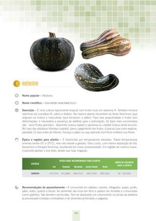 1     ABóBORA

N     Nome popular – Abóbora

N     Nome científico – Cucurbita moschata Duch.

...   Descrição – É uma cultura tipicamente tropical com frutos ricos em vitamina A. Também fornece
      vitaminas do complexo B, cálcio e fósforo. Na mesma planta encontram-se flores femininas (que
      originam os frutos) e masculinas (que fornecem o pólen). Para boa produtividade e frutos sem
      deformações, é necessária a presença de abelhas para a polinização. Os tipos mais encontrados
      são: seca (frutos grandes), baianinha (casca rajada) e japonesa ou cabotiá (casca verde-escuro).
      No caso das abóboras híbridas (cabotiá), para o pegamento dos frutos, é preciso que outra espécie,
      plantada 15 dias antes do híbrido, forneça o pólen ou seja aplicado hormônio sintético nas flores.

      Época e regiões para plantio – É favorecida por temperaturas elevadas. Tolera temperaturas
      amenas (entre 15° e 25°C), mas não resiste a geadas. Dias curtos, com menor exposição do Sol,
      favorecem a floração feminina, resultando em maior produtividade. Em regiões de inverno suave,
      é possível plantar o ano todo, desde que haja irrigação.


                                         ÉPOCA MAIS RECOMENDADA PARA PLANTIO
                                                                                             INÍCIO DE COLHEITA
             ESPÉCIE
                                                                                               (após o plantio)
                               Sul         Sudeste    Nordeste    Centro-Oeste     Norte

             ABóBORA         OUT./FEV.    SET./MAR.   MAR./OUT.   ANO TODO       ABR./AGO.     90 - 120 DIAS




      Recomendações de aproveitamento – É consumida em saladas, cozidos, refogados, sopas, purês,
      pães, bolos, pudins e doces. As sementes são ricas em ferro e podem ser torradas e consumidas
      como aperitivo. São também vermicidas. Tem-se observado um crescimento na venda da abóbora
      já processada (cortada e embalada) e de sementes já torradas e salgadas.




                                                       08
 