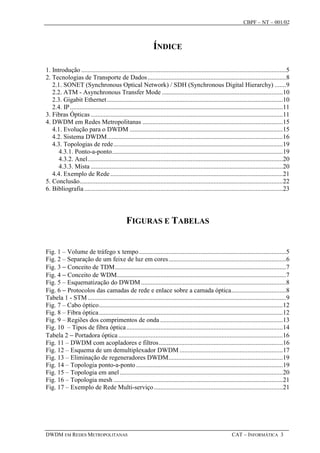 CBPF – NT – 001/02



                                                               ÍNDICE

1. Introdução ...............................................................................................................................5
2. Tecnologias de Transporte de Dados......................................................................................8
   2.1. SONET (Synchronous Optical Network) / SDH (Synchronous Digital Hierarchy) .......9
   2.2. ATM - Asynchronous Transfer Mode ...........................................................................10
   2.3. Gigabit Ethernet .............................................................................................................10
   2.4. IP ....................................................................................................................................11
3. Fibras Ópticas .......................................................................................................................11
4. DWDM em Redes Metropolitanas .......................................................................................15
   4.1. Evolução para o DWDM ...............................................................................................15
   4.2. Sistema DWDM.............................................................................................................16
   4.3. Topologias de rede.........................................................................................................19
      4.3.1. Ponto-a-ponto..........................................................................................................19
      4.3.2. Anel.........................................................................................................................20
      4.3.3. Mista .......................................................................................................................20
   4.4. Exemplo de Rede ...........................................................................................................21
5. Conclusão..............................................................................................................................22
6. Bibliografia ...........................................................................................................................23




                                               FIGURAS E TABELAS


Fig. 1 – Volume de tráfego x tempo ...........................................................................................5
Fig. 2 – Separação de um feixe de luz em cores.........................................................................6
Fig. 3 − Conceito de TDM..........................................................................................................7
Fig. 4 − Conceito de WDM.........................................................................................................7
Fig. 5 – Esquematização do DWDM ..........................................................................................8
Fig. 6 − Protocolos das camadas de rede e enlace sobre a camada óptica..................................8
Tabela 1 - STM ...........................................................................................................................9
Fig. 7 – Cabo óptico..................................................................................................................12
Fig. 8 – Fibra óptica ..................................................................................................................12
Fig. 9 – Regiões dos comprimentos de onda ............................................................................13
Fig. 10 – Tipos de fibra óptica .................................................................................................14
Tabela 2 − Portadora óptica ......................................................................................................16
Fig. 11 – DWDM com acopladores e filtros.............................................................................16
Fig. 12 – Esquema de um demultiplexador DWDM ................................................................17
Fig. 13 – Eliminação de regeneradores DWDM.......................................................................19
Fig. 14 – Topologia ponto-a-ponto ...........................................................................................19
Fig. 15 – Topologia em anel .....................................................................................................20
Fig. 16 – Topologia mesh .........................................................................................................21
Fig. 17 – Exemplo de Rede Multi-serviço ................................................................................21




DWDM EM REDES METROPOLITANAS                                                                                  CAT – INFORMÁTICA 3
 
