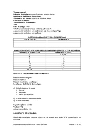 Tipo de material:
Diâmetro da tubulação: especificar maior e menor trecho
Localização do hidrante de recalque:
Volumes da RTI (litros): especificar conforme norma
Coloração da ampola
Temperatura de acionamento
Tipo:
Letra de código = “h“
Tubulação: diâmetro variável em ferro galvanizado
Afastamento vertical do spk ao teto: em laje lisa; em laje c/viga
Afastamento vertical do spk ao forro:

                  DISTRIBUIÇÃO DOS CHUVEIROS AUTOMÁTICOS
               LOCALIZAÇÃO                       QUANTIDADE




 DIMENSIONAMENTO DOS SUB-RAMAIS E RAMAIS PARA RISCOS LEVE E ORDINÁRIO
      NÚMERO DE SPRINKLERS                 DIÂMETRO DO TUBO
                1                               1” ou 3/4”
                2                                   1”
                3                                 1¼“
                4                                 1¼“
                5                                 1½“
               10                                   2”
               30                                 2½“
               60                                   3”
             até 100                                4”

DO CÁLCULO DA BOMBA PARA SPRINKLERS:

Pressão mínima exigida:
Pressão no bico:
Pressão máxima na canalização:
Localização do hidrante de recalque:

a) Cálculo da perda de carga
    Sucção
    Expulsão
    Perda de carga total

b) Cálculo da altura manométrica total
c) Cálculo da bomba

Especificação da bomba:
Vazão (m3/h):
Altura manométrica (m):

DO HIDRANTE DE RECALQUE:

Identificá-lo pelos lados interno e externo na cor amarela e as letras “SPK” no seu interior na
cor preta.


Corpo de Bombeiros Militar do Estado do Ceará                                  Página 21 de 55 
 