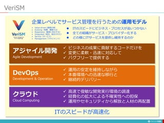 ITのスピードが高速化
 ITのスピードにビジネス・プロセスが追いつかない
 全ての組織がサービス・プロバイダー化する
 どの様にITサービスを提供し維持するのか
 Value-driven (価値主導）
 Evolving（発展、展開する）
 Responsive（敏感に反応する）
 Integrated（統合、結合された）
 Service（サービス）
 Management（マネジメント）
企業レベルでサービス管理を行うための運用モデル
VeriSM
136
アジャイル開発
Agile Development
 ビジネスの成果に貢献するコードだけを
 変更に柔軟・迅速に対応して
 バグフリーで提供する
DevOps
Development & Operation
 運用の安定を維持しながら
 本番環境への迅速な移行と
 継続的デリバリー
クラウド
Cloud Computing
 高速で俊敏な開発実行環境の調達
 経費化の拡大による不確実性への担保
 運用やセキュリティから解放と人材の再配置
 