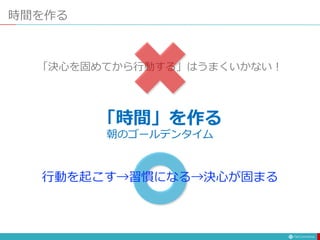 「時間」を作る
時間を作る
朝のゴールデンタイム
「決心を固めてから行動する」はうまくいかない！
行動を起こす→習慣になる→決心が固まる
 