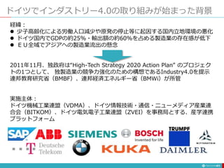 ドイツでインダストリー4.0の取り組みが始まった背景
41
経緯：
 少子高齢化による労働人口減少や原発の停止等に起因する国内立地環境の悪化
 ドイツ国内でGDPの約25%・輸出額の約60%を占める製造業の存在感が低下
 ＥＵ全域でアジアへの製造業流出の懸念
2011年11月、独政府は“High-Tech Strategy 2020 Action Plan” のプロジェク
トの1つとして、 独製造業の競争力強化のための構想であるIndustry4.0を提示
連邦教育研究省（BMBF）、連邦経済エネルギー省（BMWi）が所管
実施主体：
ドイツ機械工業連盟（VDMA）、ドイツ情報技術・通信・ニューメディア産業連
合会（BITKOM）、ドイツ電気電子工業連盟（ZVEI）を事務局とする、産学連携
プラットフォーム
 