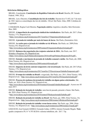 20
Referências Bibliográficas
BRASIL. Constituição. Constituição da República Federativa do Brasil. Brasília, DF: Senado
Federal, 1988. 292 p.
BRASIL. Leis e Decretos. Consolidação das leis do trabalho: Decreto-lei nº 5.452, de 1º de maio
de 1943: Aprova a consolidação das leis do trabalho. 104.ed. São Paulo: Atlas, 2000. Coletânea de
Legislação.
CAMARGOS, Regina Coeli Moreira. Negociação coletiva: trajetória e desafios. Belo Horizonte:
Rtm, 2009.
DIEESE. A importância da organização sindical dos trabalhadores. São Paulo, abr. 2017. (Nota
Técnica, 177). Disponível em:
<https://www.dieese.org.br/notatecnica/2017/notaTec177ImportanciaSindicatos.pdf>.
DIEESE. A jornada de trabalho por meio do banco de horas. São Paulo, (Seminários: Kit).
DIEESE. As razões para a jornada de trabalho ser de 40 horas. São Paulo, set. 2009.(Nota
Técnica, 85). Disponível em:
<http://www.dieese.org.br/notatecnica/2009/notatec85ArgumentosReduzirJornada.pdf>.
DIEESE. Balanços das negociações dos reajustes salariais de 2016., São Paulo, mar. 2017.
(Estudos e Pesquisas, 83). Disponível em:
<https://www.dieese.org.br/balancodosreajustes/2016/estPesq83balancoReajustes2016.pdf>.
DIEESE. Entenda o movimento da jornada de trabalho semanal e média. São Paulo, abr. 2008.
(Nota Técnica, 64). Disponível em:
<http://www.dieese.org.br/notatecnica/2008/notatec64Jornada.pdf>.
DIEESE. Impactos da lei de contrato temporário e da terceirização. São Paulo, abr. 2017.(Nota
Técnica, 175). Disponível em:
<https://www.dieese.org.br/notatecnica/2017/notaTec175TerceirizacaoTrabalhoTemporario.pdf>.
DIEESE. O tempo de trabalho no Brasil: o negociado. São Paulo, nov. 2011. (Nota Técnica, 105).
Disponível em: <http://www.dieese.org.br/notatecnica/2011/notaTec105clausulasJornada.pdf>.
DIEESE. Processo de mudança da jornada de trabalho em alguns países selecionados. São
Paulo, set. 2010. (Nota Técnica, 91). Disponível em:
<http://www.dieese.org.br/notatecnica/2010/notatec91JornadaTrabalhoMundo.pdf>. Acesso em: 05
maio 2017.
DIEESE. Redução da Jornada de trabalho: uma luta do passado, presente e futuro. São Paulo,
abr. 2010. (Nota Técnica, 87). Disponível em:
<http://www.dieese.org.br/notatecnica/2010/notatec87ReducaoJornadaTrabalho.pdf>.
DIEESE. Redução da jornada de trabalho no Brasil. São Paulo, jan. 2006. (Nota Técnica, 16).
Disponível em: <http://www.dieese.org.br/notatecnica/2006/notatec16ReducaoDaJornada.pdf>.
DIEESE. Redução da jornada de trabalho versus horas extras. São Paulo, ago. 2006. (Nota
Técnica, 31). Disponível em: <http://www.dieese.org.br/notatecnica/2006/notatec33saude.pdf>.
LOGUECIO, José Eymard; GIORGI, Fernanda Caldas; LOPES, Antonio Fernando Megale. Nota:
quadro comparativo PL N º 6.787-B/2016: reforma trabalhista, abr. 2017. 73p.
 