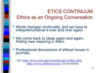 14
ETICS CONTINUUM
Ethics as an Ongoing Conversation
 World changes continually, and we have to
interpret/construe it over and over again.
 We come back to ideas again and again,
finding new meaning in them.
 Professional discussions of ethical issues in
journals.
See http://www.utm.edu/research/iep/e/ethics.htm
http://www.utilitarism.net/ (in Swedish)
 
