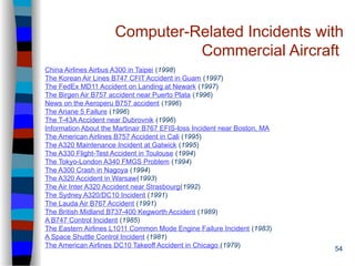 54
Computer-Related Incidents with
Commercial Aircraft
China Airlines Airbus A300 in Taipei (1998)
The Korean Air Lines B747 CFIT Accident in Guam (1997)
The FedEx MD11 Accident on Landing at Newark (1997)
The Birgen Air B757 accident near Puerto Plata (1996)
News on the Aeroperu B757 accident (1996)
The Ariane 5 Failure (1996)
The T-43A Accident near Dubrovnik (1996)
Information About the Martinair B767 EFIS-loss Incident near Boston, MA
The American Airlines B757 Accident in Cali (1995)
The A320 Maintenance Incident at Gatwick (1995)
The A330 Flight-Test Accident in Toulouse (1994)
The Tokyo-London A340 FMGS Problem (1994)
The A300 Crash in Nagoya (1994)
The A320 Accident in Warsaw(1993)
The Air Inter A320 Accident near Strasbourg(1992)
The Sydney A320/DC10 Incident (1991)
The Lauda Air B767 Accident (1991)
The British Midland B737-400 Kegworth Accident (1989)
A B747 Control Incident (1985)
The Eastern Airlines L1011 Common Mode Engine Failure Incident (1983)
A Space Shuttle Control Incident (1981)
The American Airlines DC10 Takeoff Accident in Chicago (1979)
 