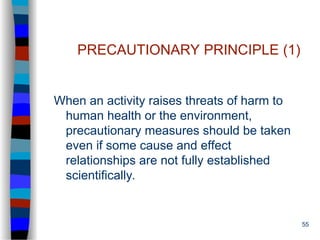 55
PRECAUTIONARY PRINCIPLE (1)
When an activity raises threats of harm to
human health or the environment,
precautionary measures should be taken
even if some cause and effect
relationships are not fully established
scientifically.
 